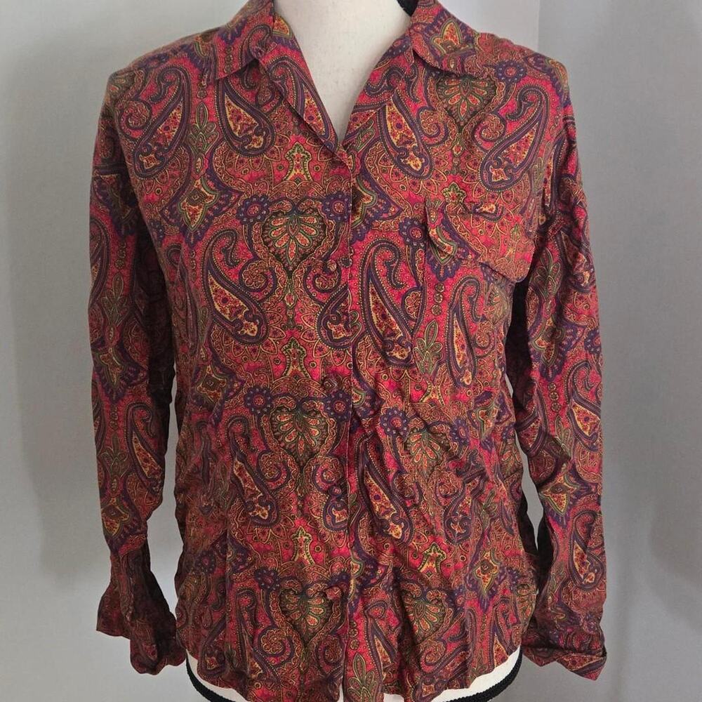 Vintage gap 90s y2k rayon red paisley button down collared shirt small